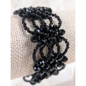 Black‎ Glass Beaded Bracelet Seed Bead Loop Boho Handmade Adjustable Cuff